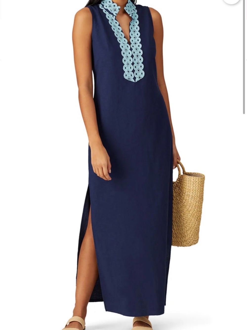 Sail to Sable High Neck Navy Maxi Dress with Light Blue Crochet Trim and Slits